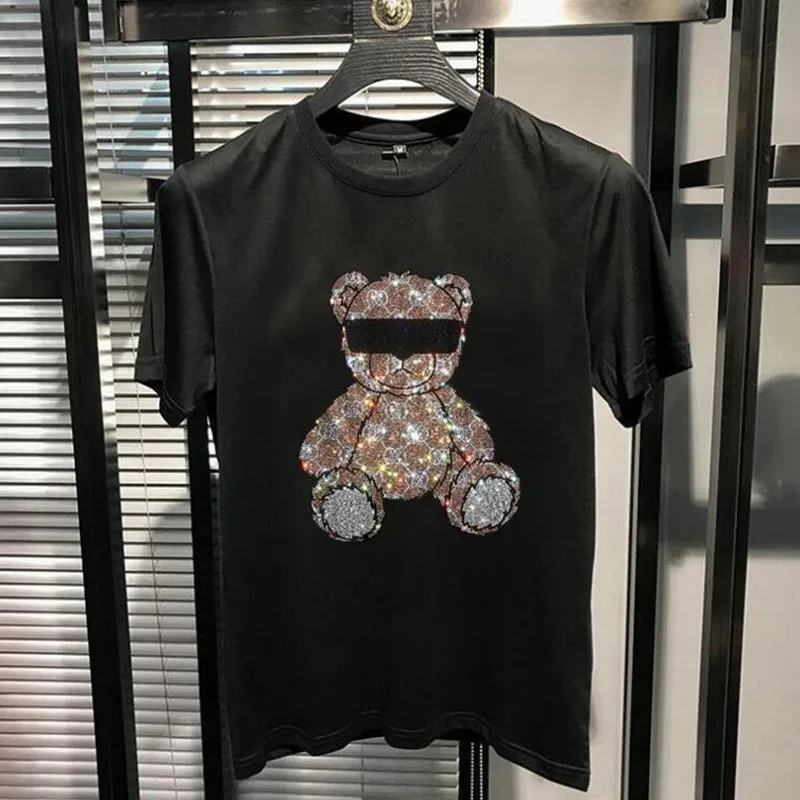Hot Diamond T-Shirt Glasses Bear Tide Brand Male Short Sleeved Tees New Style Casual Young Streetwear Cotton Top Men's Clothing