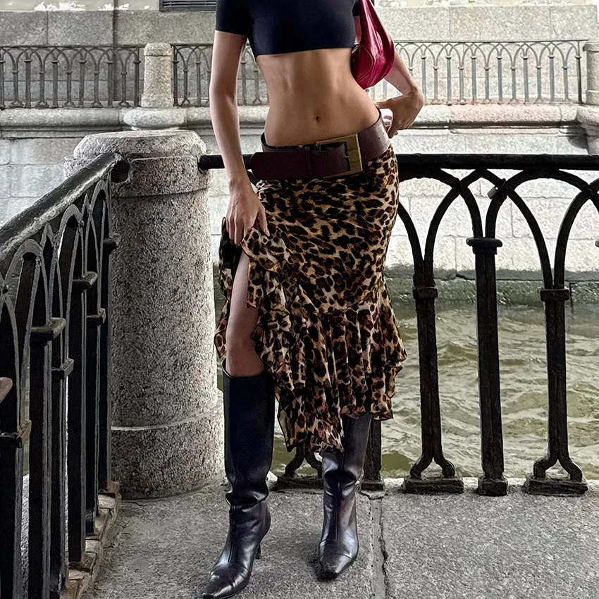 Women Leopard Irregular Skinny Skirts Ruffle Slit Skirt Ankle Lenth A Line High Waist Slim Fit Elegant Casual 2026 Spring Summer
