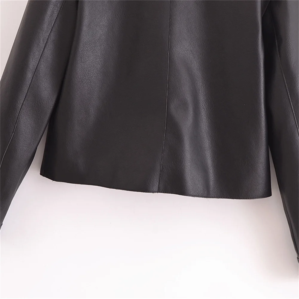 PB&ZA2024 autumn new women\'s clothing temperament black leather straight shirt collar long sleeve short leather jacket