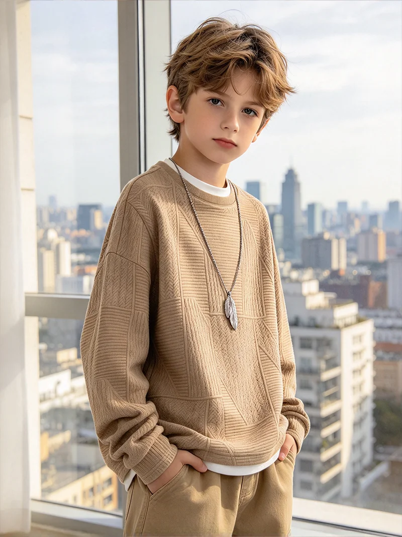 Boys Khaki Crewneck Sweatshir Textured Long Sleeve Pullover Mock Layer Collar Casual Fall Winter Kids Top