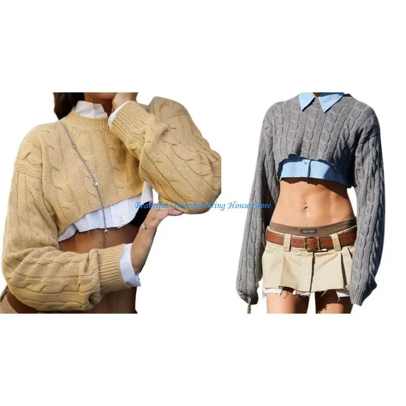 

E56A Cable Sexy Crop Top Y2K Crocheted Shawl Long Sleeve Cover-ups Knitted T-shirt