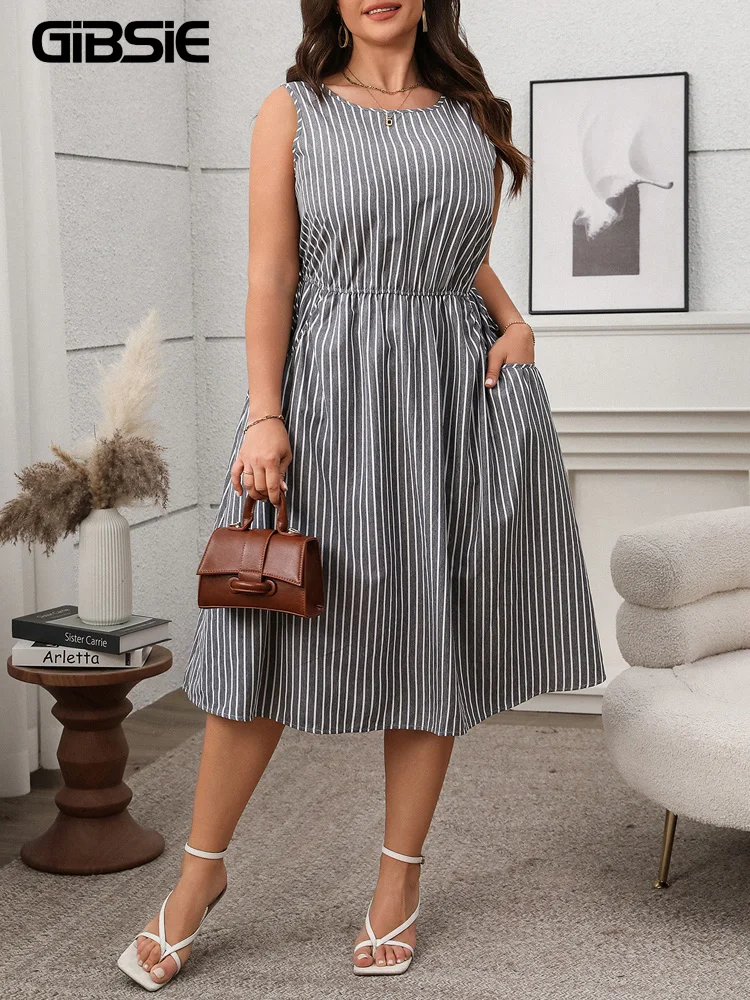 

GIBSIE Plus Size Striped O-Neck Sleeveless Pockets Dress Women Fashion 2025 New Summer Tie Waist Casual Midi A-Line Dresses