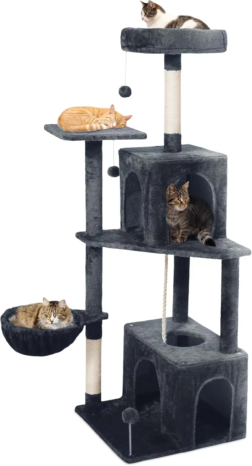 

Cat Tree, 54-Inch Cat Tower for Indoor Cats,Plush Multi-Level Cat Condo with Scratching Posts, Basket, Perches,2 Caves,2