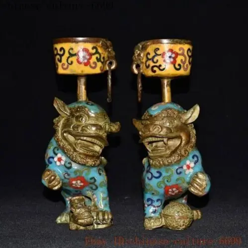 China Bronze Cloisonne auspicious animals Lion Candle Holder Candlestick A pair