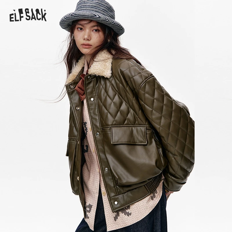 ELFSACK 2024 Winter New Arrivals Diamond checkered imitation plush lapel short PU jacket for women