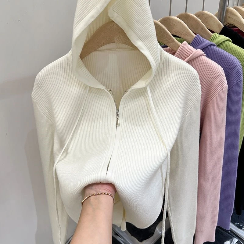 2024 Spring and Autumn Korean Commuter Minimalist Casual Sweater Cardigan Long Sleeve Hooded Solid Color Zipper Women\'s Coat Top