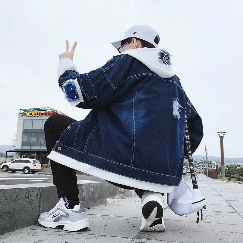 Trendy Men's Loose Fit Denim Jaet with Hole Design Hip Hop Sle Spring Autumn Korean Version Jaet for Students
