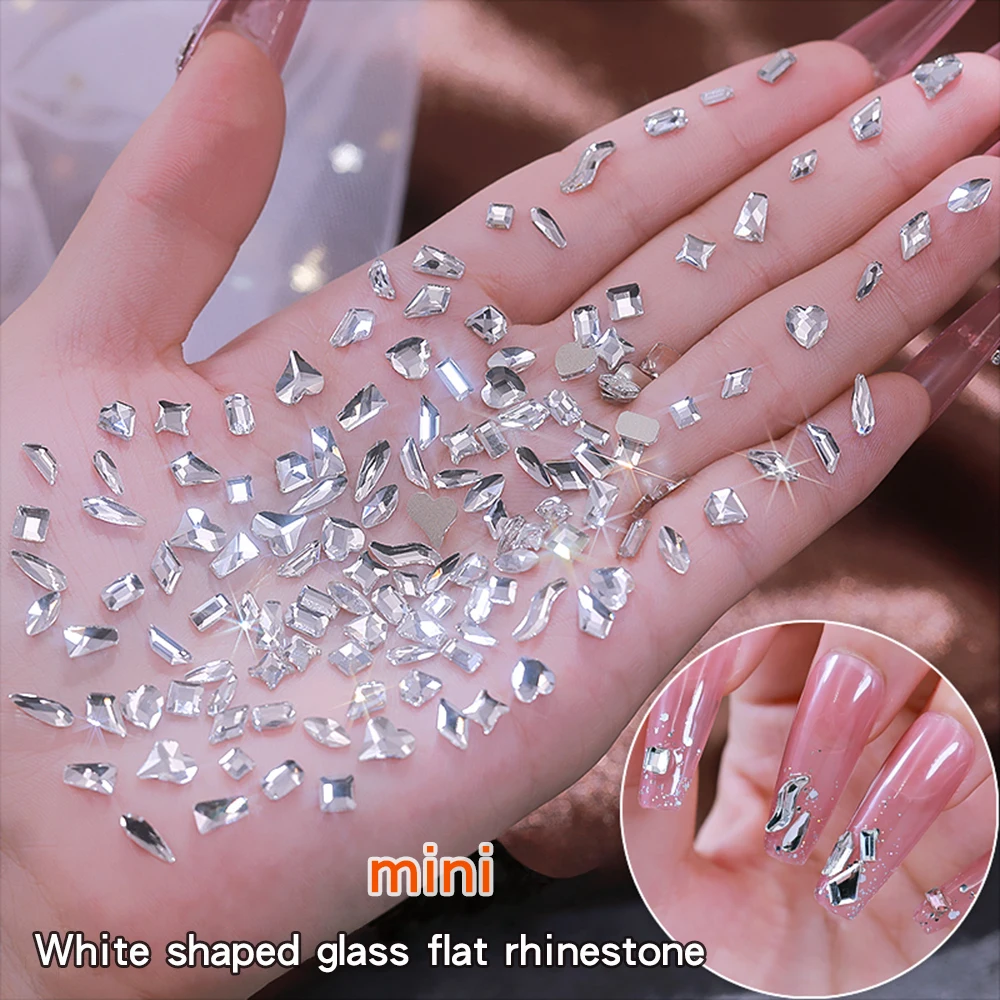 100PCS Flat Bottom Mini Crystal White Mixed form Nail Art Rhinestone High Quality Glass Stone 3D Manicure DIY Decorative