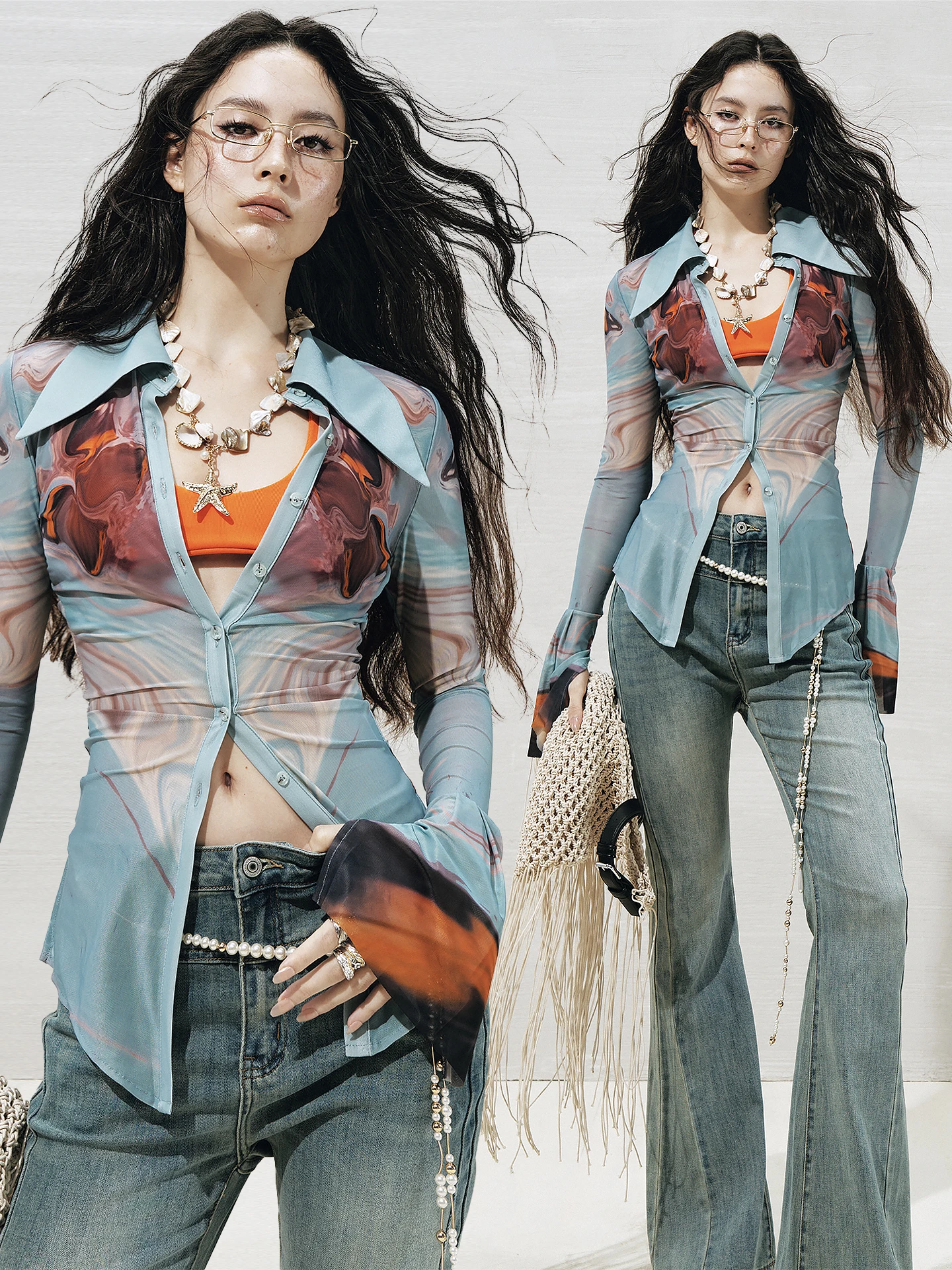 

OfAkiva Parrot Pear Color Blo Print Elastic Net irt f Skirt Modern Sle Slim Fit Long Sve Women's Breathable Sprin...