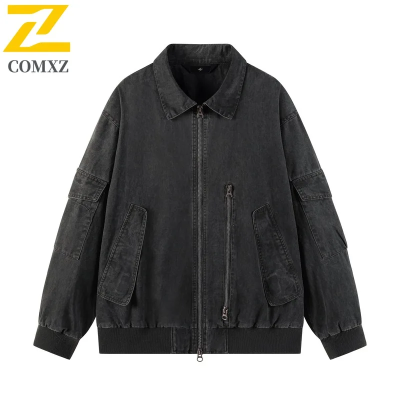 

Мужская ветровка COMXZ, однотонная, с воротником-стойкой, модное, свободное, повседневное пальто, водонепроницаемое, ветрозащитное, уличная одежда в гонконгском стиле 2025