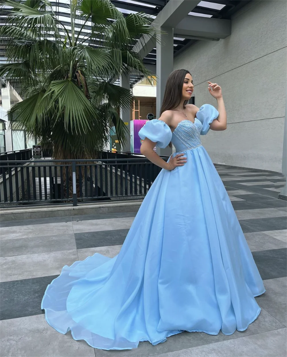 Annie gaun malam lengan Puff, gaun malam biru muda berpayet bahu terbuka, gaun pesta elegan untuk acara Formal