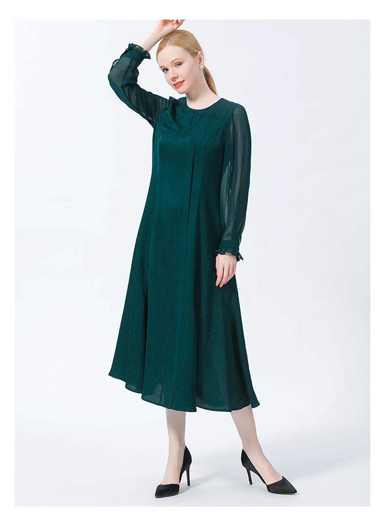 

Silk Jacquard Peacock Green Round Collar Perspective Long Sleeve Wooden Ear A Button Qiao Its Stitching Dress Spring AE985