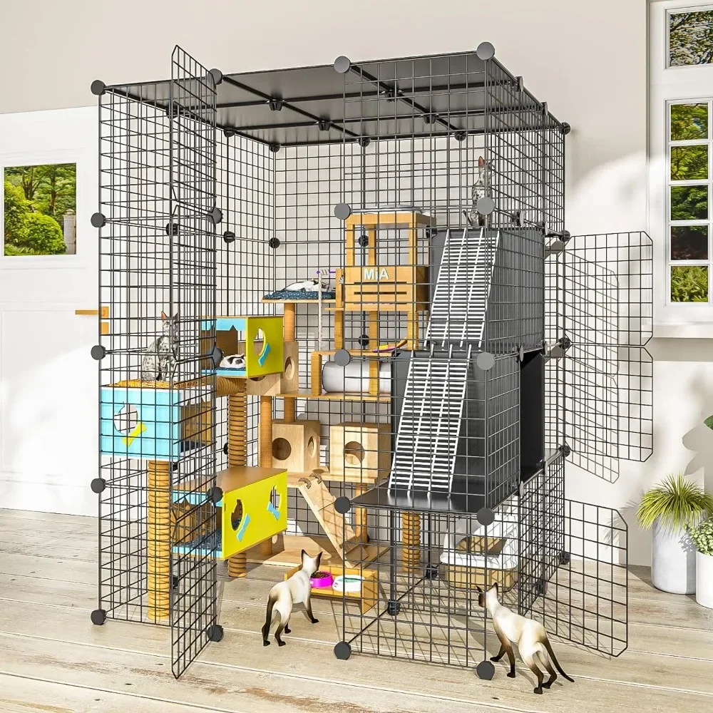 Large Cat Cage Indoor with Storage Cube Catio Outdoor Cat Enclosure Indoor Metal Wire Kennels Detachable Cat Crate Playpen 3x3x4