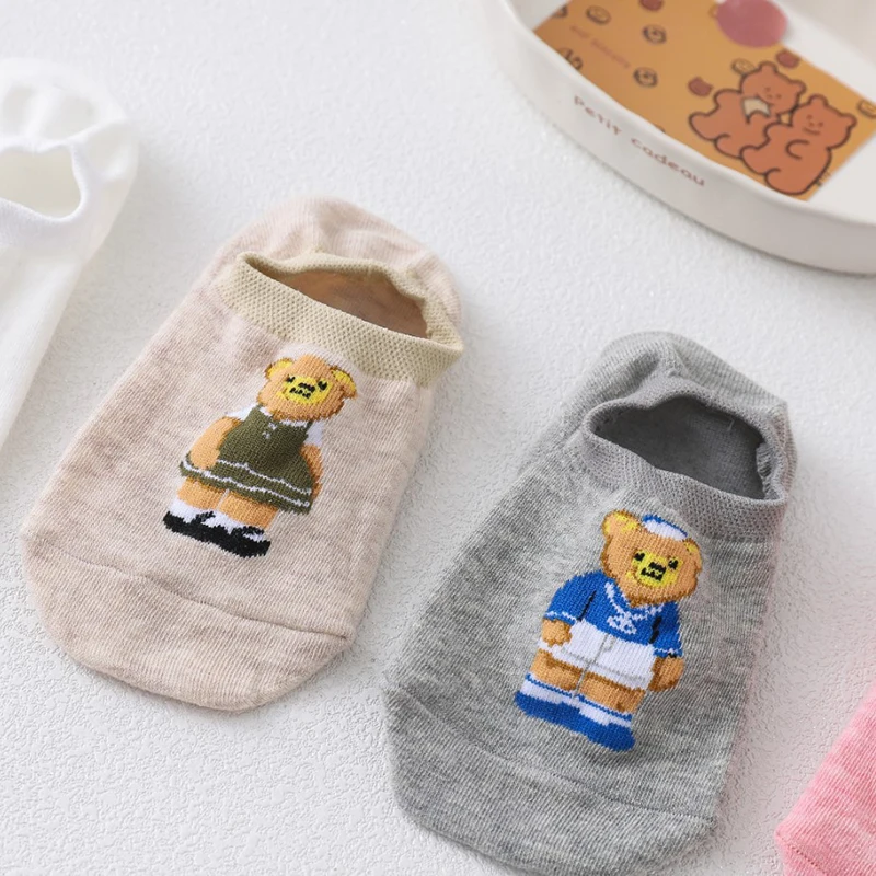 1 Pair Cartoon Cute Bear Short Summer Women Socks Slippers Comfortable Harajuku Breathable Invisible Silica Gel Ankle Sock Woman