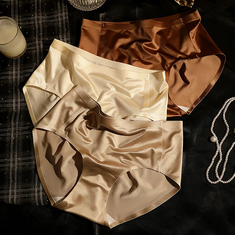 Luxury Satin Underwear for Women Seamless Mid-Rise Briefs Breathable Stretchy Smooth Soft Solid Ice Silk Elegant Underwear