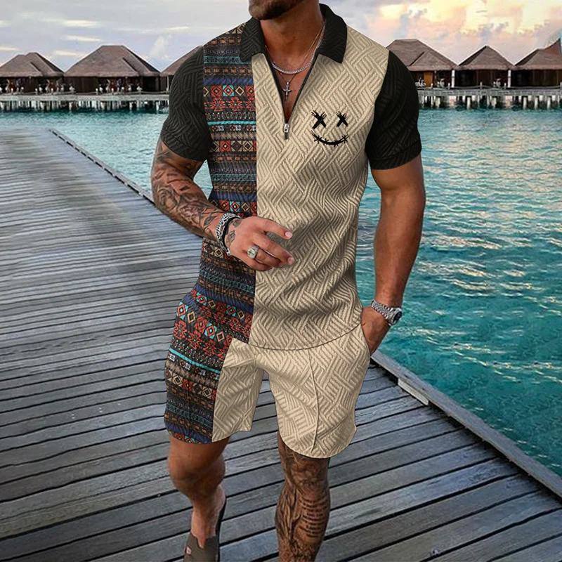 Men Tracksuit Summer New 3D Printed Beach Zipper Polo Shirts Shorts 2pcs Sets Boho Geometric Style Holiday Clothing High-quality