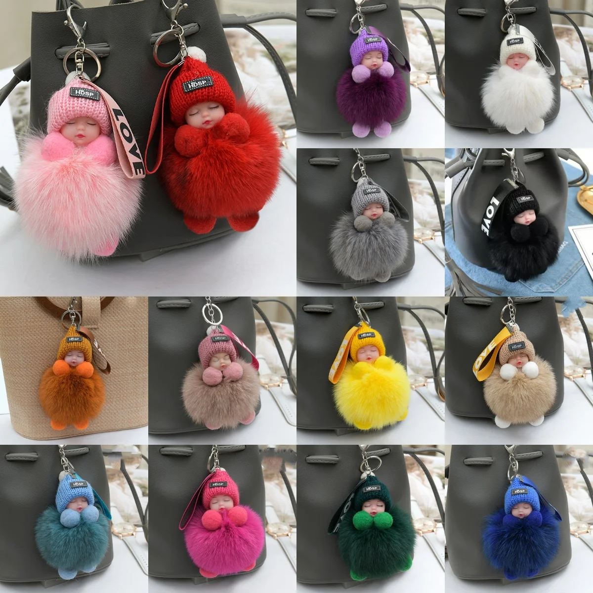 Fashion Pompom Sleeping Baby Keychain Cute Fluffy Plush Doll Keyholder Women Girl Bag Charm Car Key Ring Party Kid Girl Gift