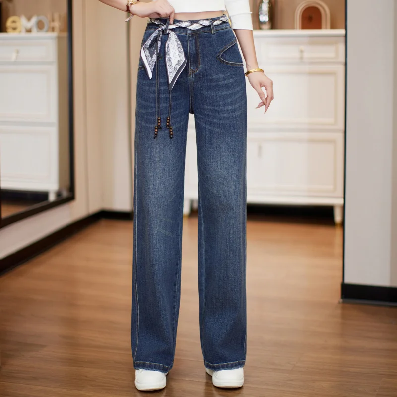 Jeans vintage blu stretti a gamba larga da donna, stile coreano autunnale con sciarpa, pantaloni dritti a vita alta drappeggiati dimagranti