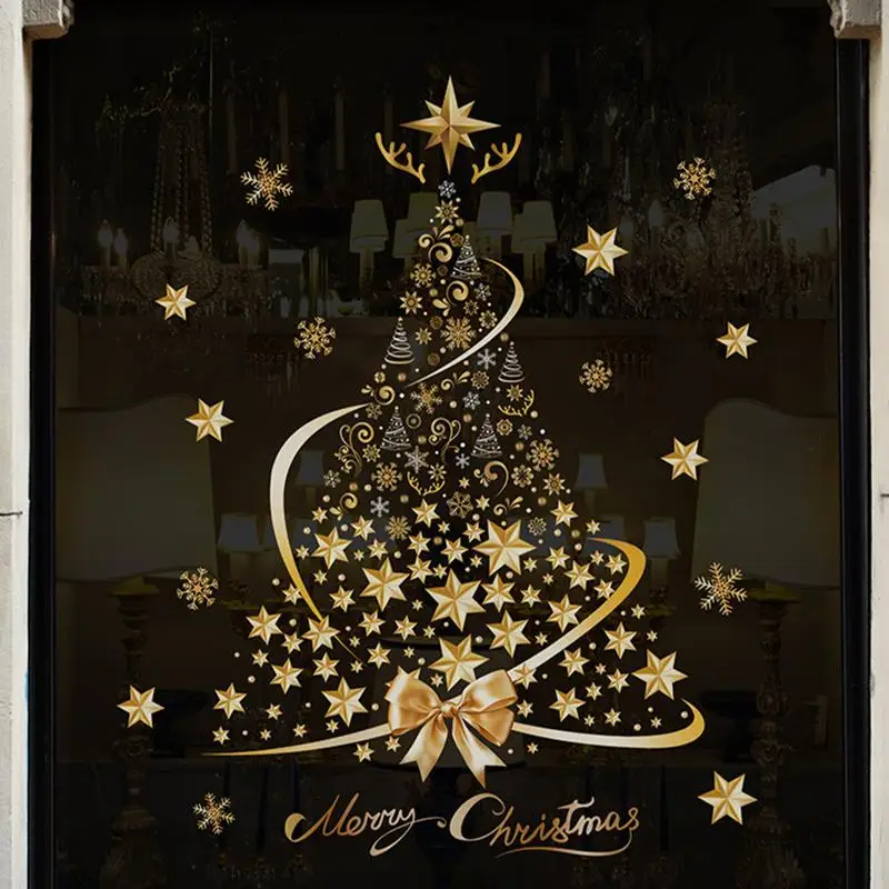 1PC זהב עץ חג המולד מדבקה זכוכית דקורטיבית, חלון חנות, חג מולד הזהב מדבקות חלון מדבקות קישוטי חג המולד