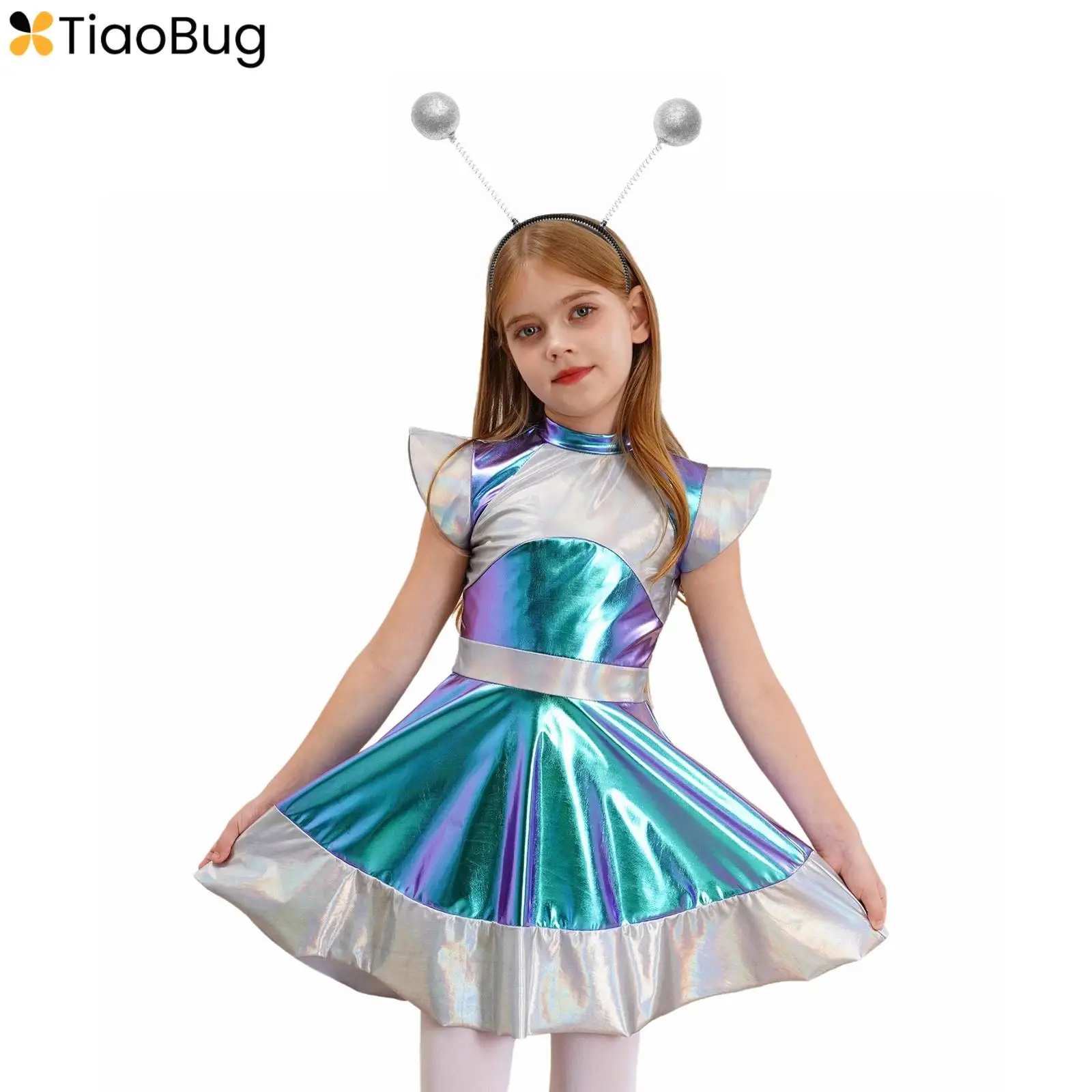 

Girls Halloween Alien Cosplay Costume Outer Space Cutie Costume Dress with Funny Alien Hair Hoop Accessories Masquerade Dress Up