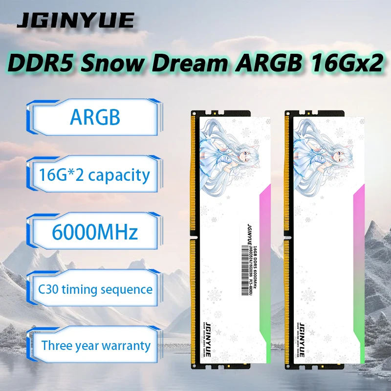 JGINYUE Snow Dream RAM RGB DDR5 32GB = 16GB * 2 6000MHz CL30 PC de escritorio Hynix Adie Chip EXPO plataforma AMD AM5 altamente adaptable