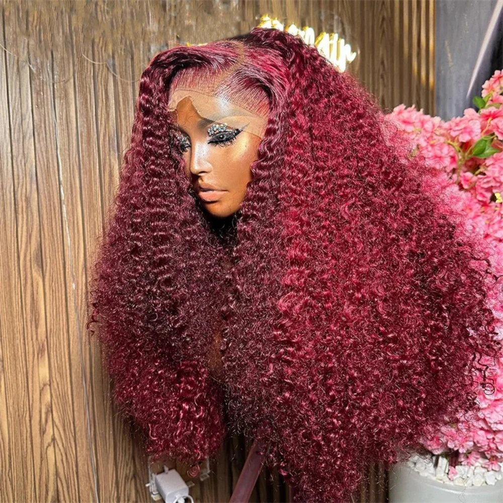 طويل 26 بوصة 180 الكثافة لينة بورجوندي غريب مجعد قبل قطعها غلويليس الاصطناعية 13x4 الدانتيل شعر مستعار أمامي شعر الطفل الاستخدام اليومي #1