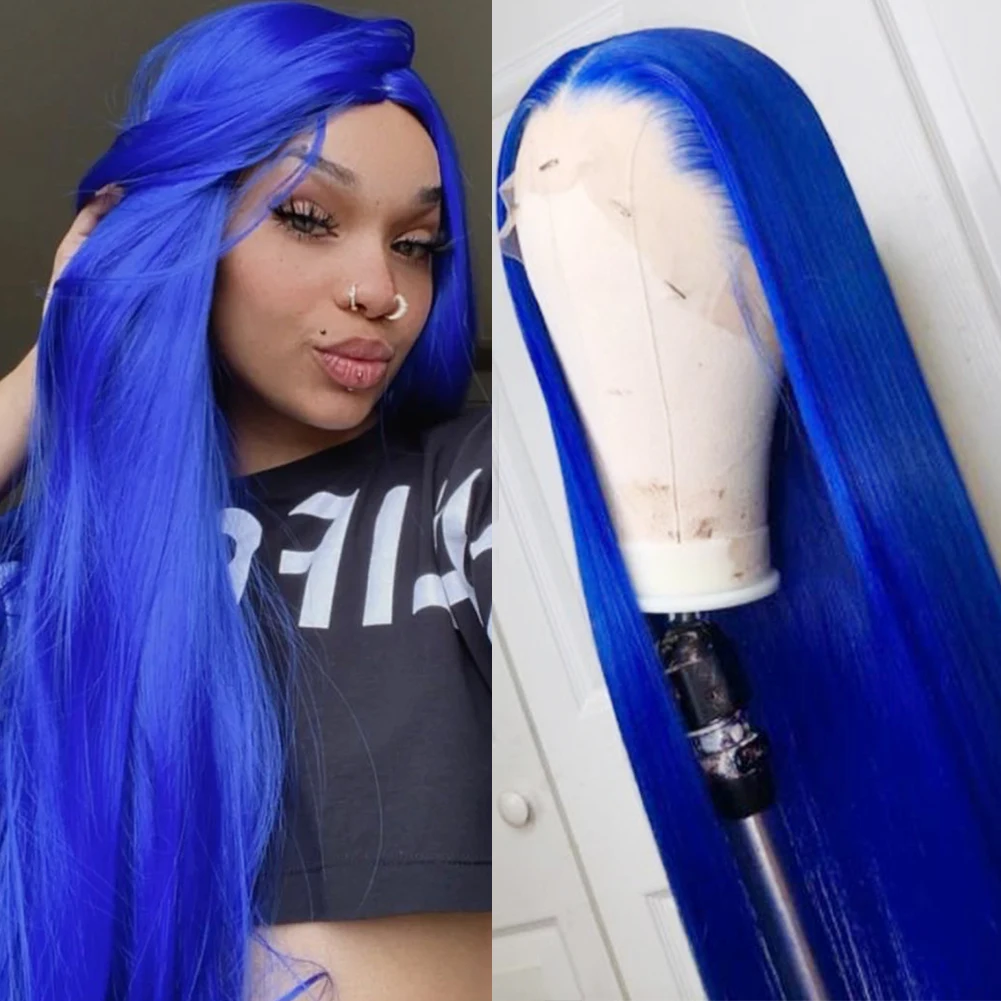 AIMEYA Blue Hair Synthetic Lace Wig Straight Wigs for Women Lace Front Wig Natural Hairline Cosplay Party Wigs Heat Resistant