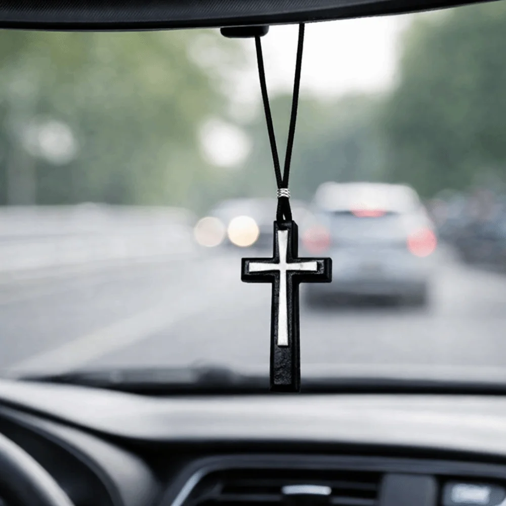 Unique Handmade Wooden Cross Pendant Blessing Unisex Design Rear View Mirror Charm Cross Collar Rope Choker Chain Home Decor