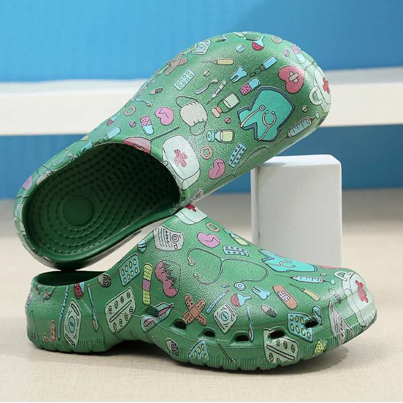 ICU Print Scrub Shoes Medical Nursing Clogs Doctor Nurse for Women and Men Hospital Work EVA Anti Slip Garden Strap Light Clogs