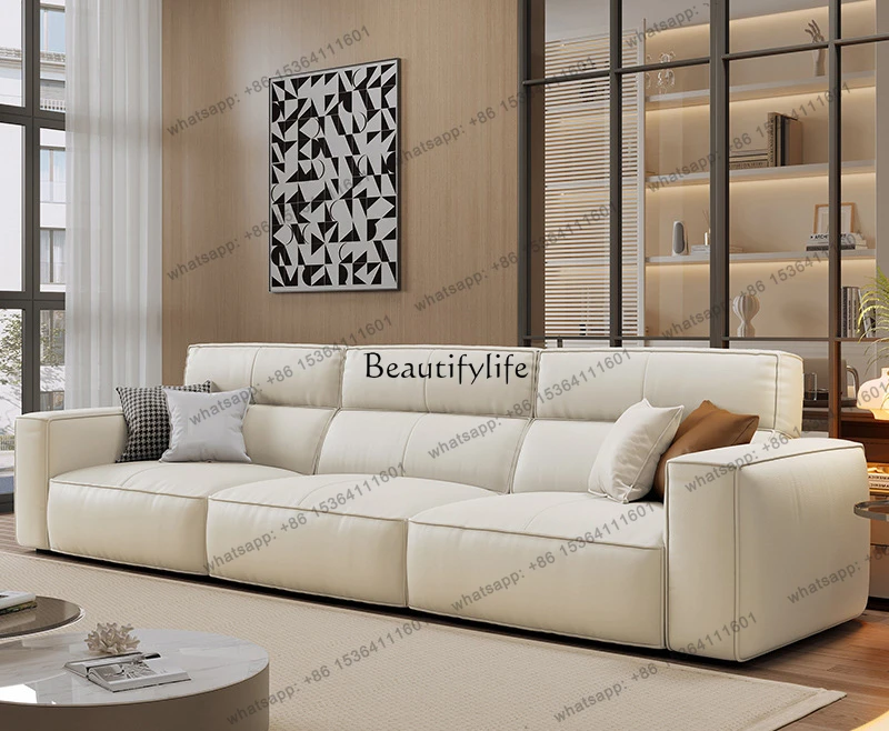 X4 Cream style first layer cowhide sofa light luxury modern leather high backrest tofu block straight row