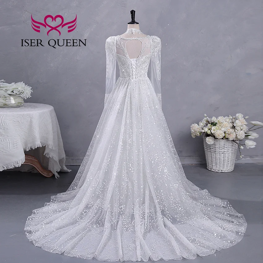 Customized Long Sleeve 2 IN 1 Bride Wedding Dresses Meramid With Detechable Train Sequin Beaded Lace On Neck Bridal Gown WX0416