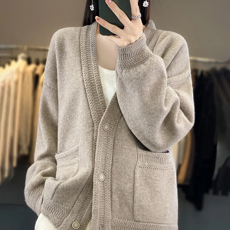 DjzDsm Autumn And Winter New 100% Cashmere High Quality Thick Warm Cardigan Lazy Knit Solid Color Long Sleeve Sweater Coat