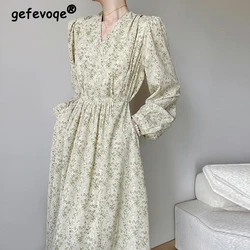 Women Trendy Vintage Floral Print High Waist Elegant Party Dresses Spring Autumn V Neck Long Sleeve Slim Chic Midi Dress Vestido