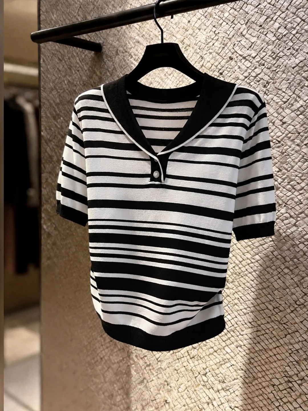 

Korean Style Summer Short Sleeve Knitted Sweater Color Block Stripe Design Loose Slimming Versatile Top Commute Fashion plus ...