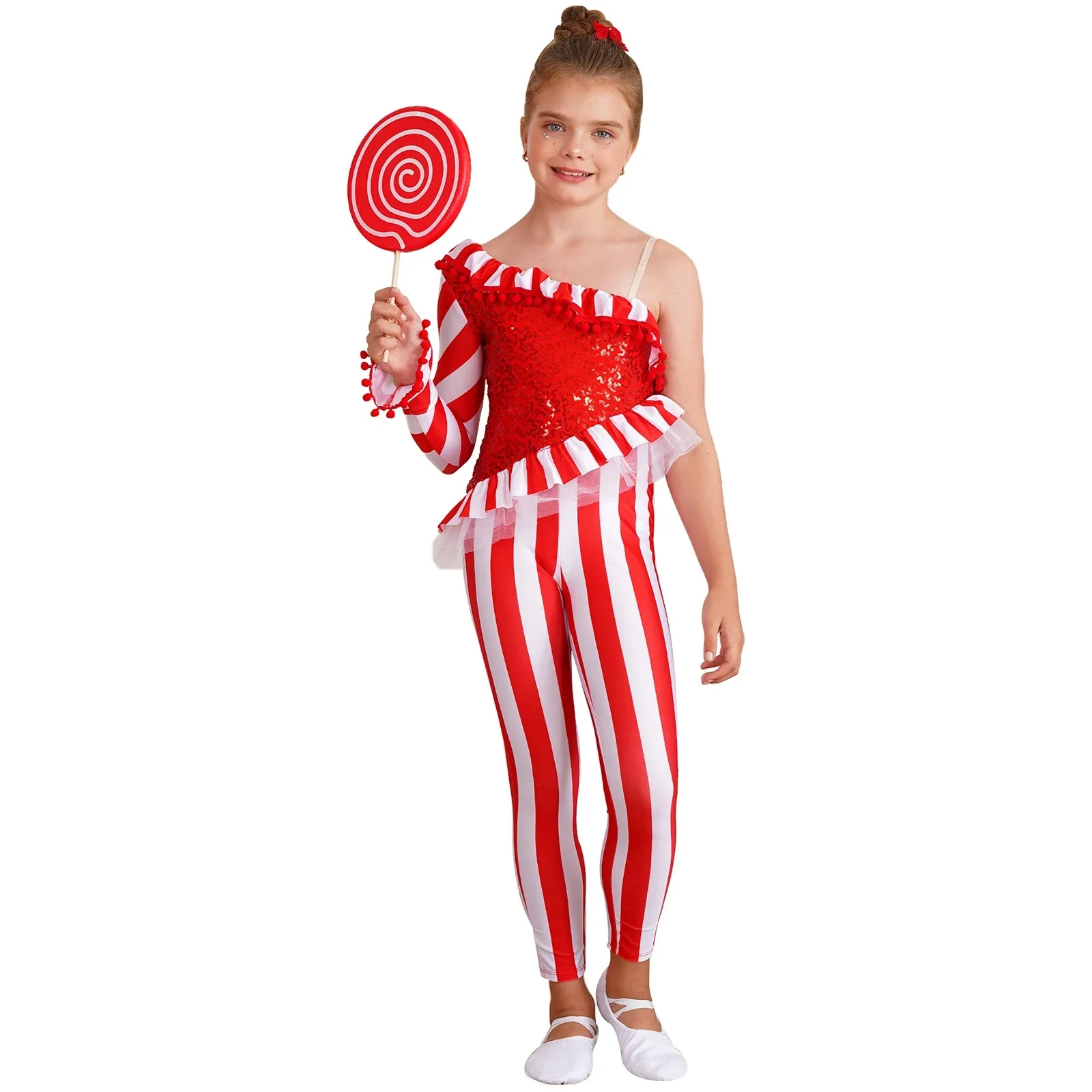 

Christmas Party Cosplay Costume Kids Girls Shiny Sequin Pom Pom Trim Bodysuit Long Sleeve Stripe Pants Jumpsuit for Performance