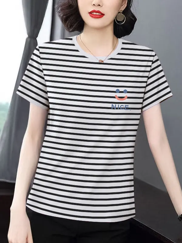 

Black White Striped Mom Short Sleeve T Shirt Women's Regular Fit Loose Print Meat Concealing Large Size Top Trendy