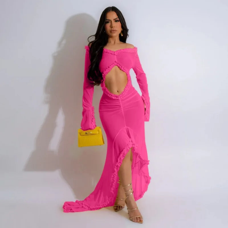 

Women Elegant Sexy Ruffles Sheer Mesh Maxi Evening Party Dress Hollow Out Off Shoulder Full Sleeve Clubwear Birthday Long Robe