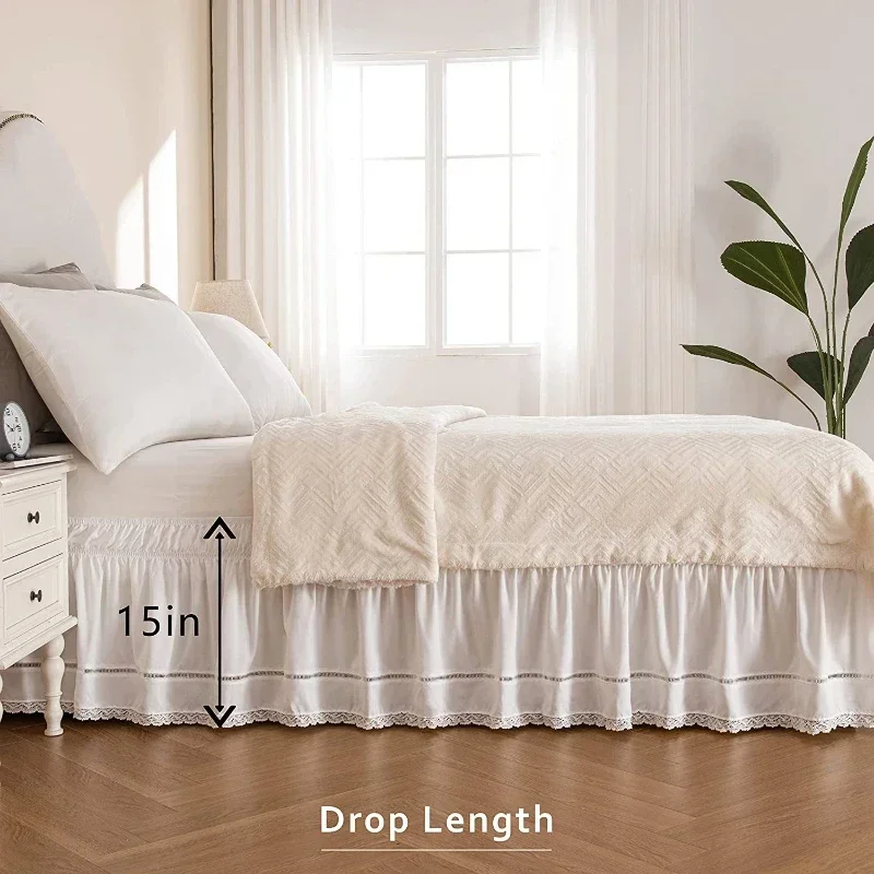 White Bed Skirt Elastic Band Wrap Around Ruffled Lace Bed Cover with Adjustable Belts Drop Easy To Put on Bed Sheet in All Sizes