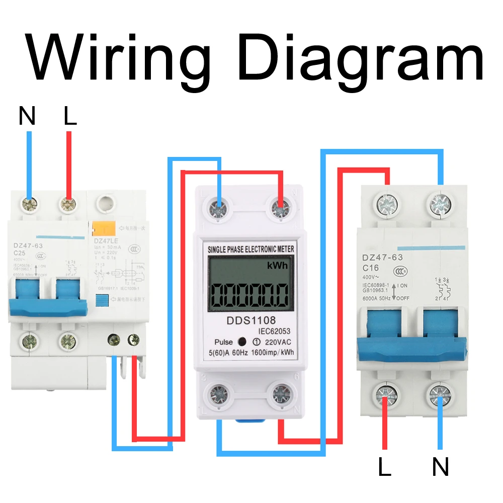 5pcs Electric Energy Meter 2P Single Phase LCD Digital Display DIN Rail Mounting Electric Meter Wattmeter Power AC230V 50/60Hz