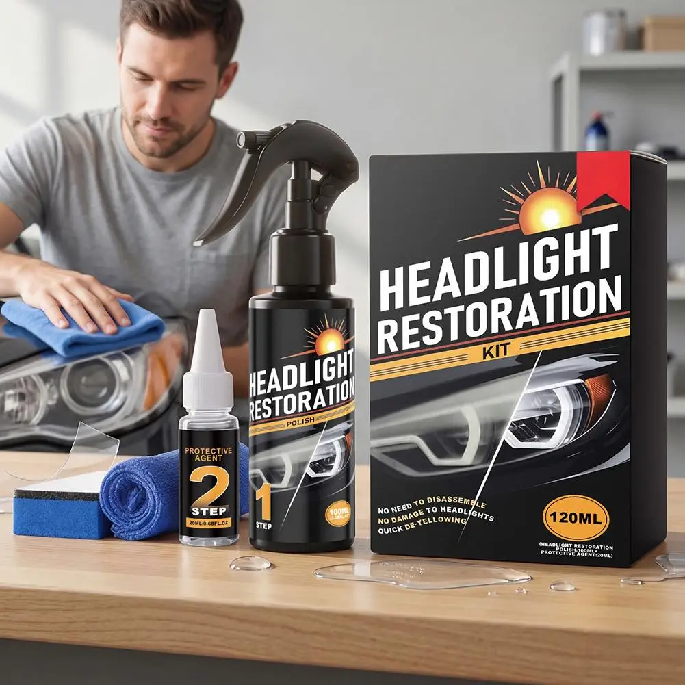 Kit de Restauração de Faróis de Carro em 2 Passos, Spray Limpa Faróis, Remove Amarelamento e Oxidação, Restaura Faróis Opacos