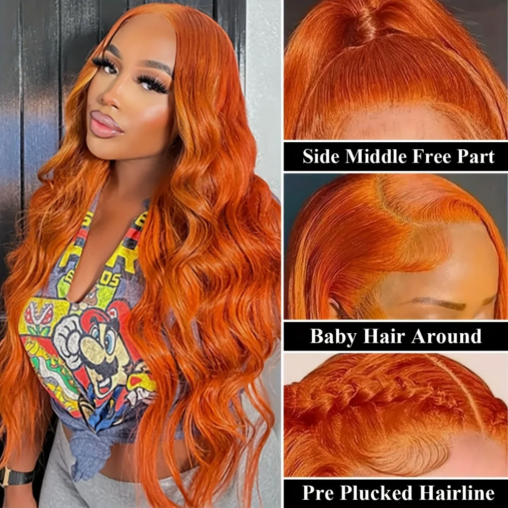Perruque Lace Front Wig 100% brésilienne naturelle, cheveux longs et lisses, Orange gingembre, Transparent Hd, 13x6, pour femmes