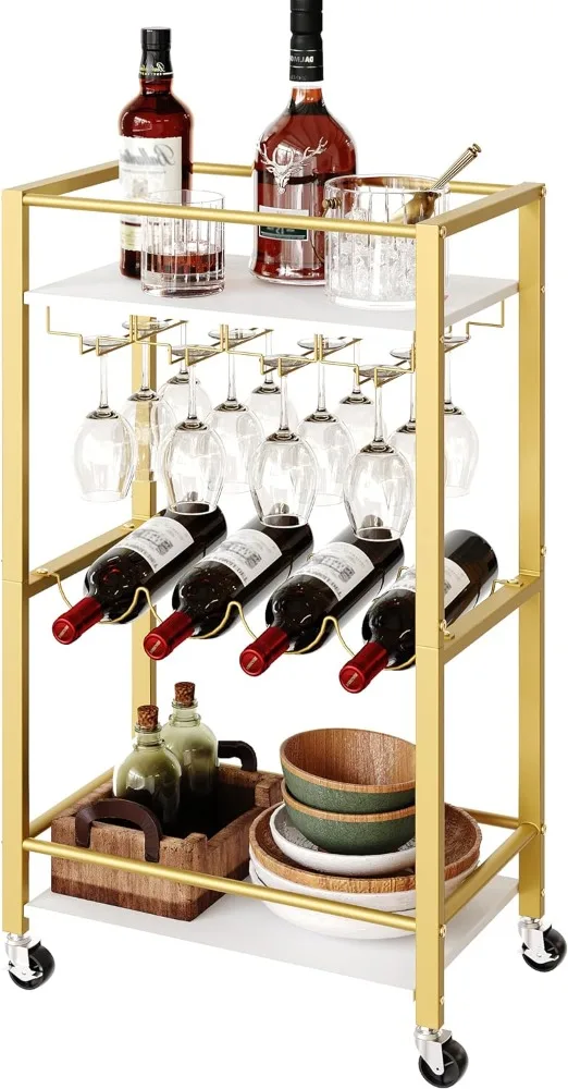 

Bar Cart for Home, Mini Rolling Wine Cart, 3 Tier Serving Cart, Kitchen Storage Cart with Wine Rack and Glass Holders