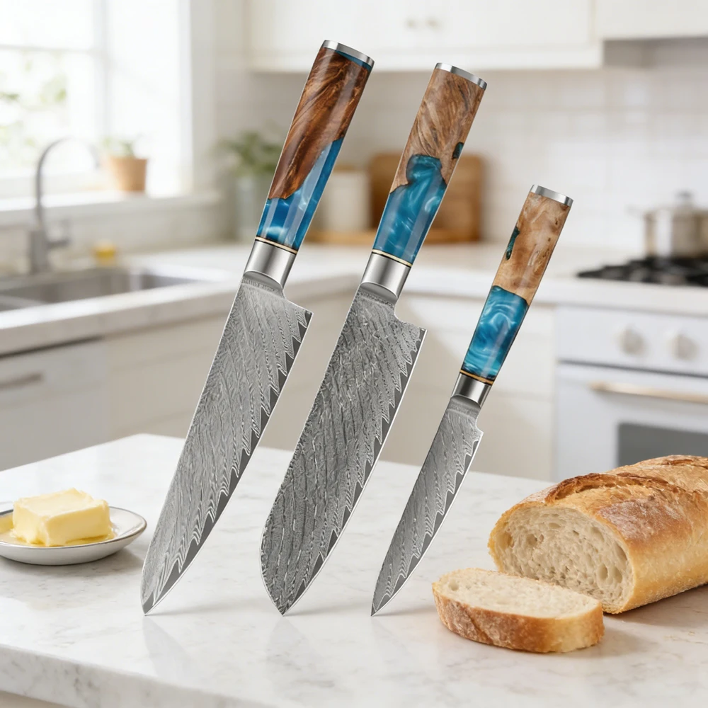 

Набор из трех кухонных ножей шеф-повара из дамасской стали с высоким содержанием углерода, 67 слоев, с рукояткой из синей смолы и дерева