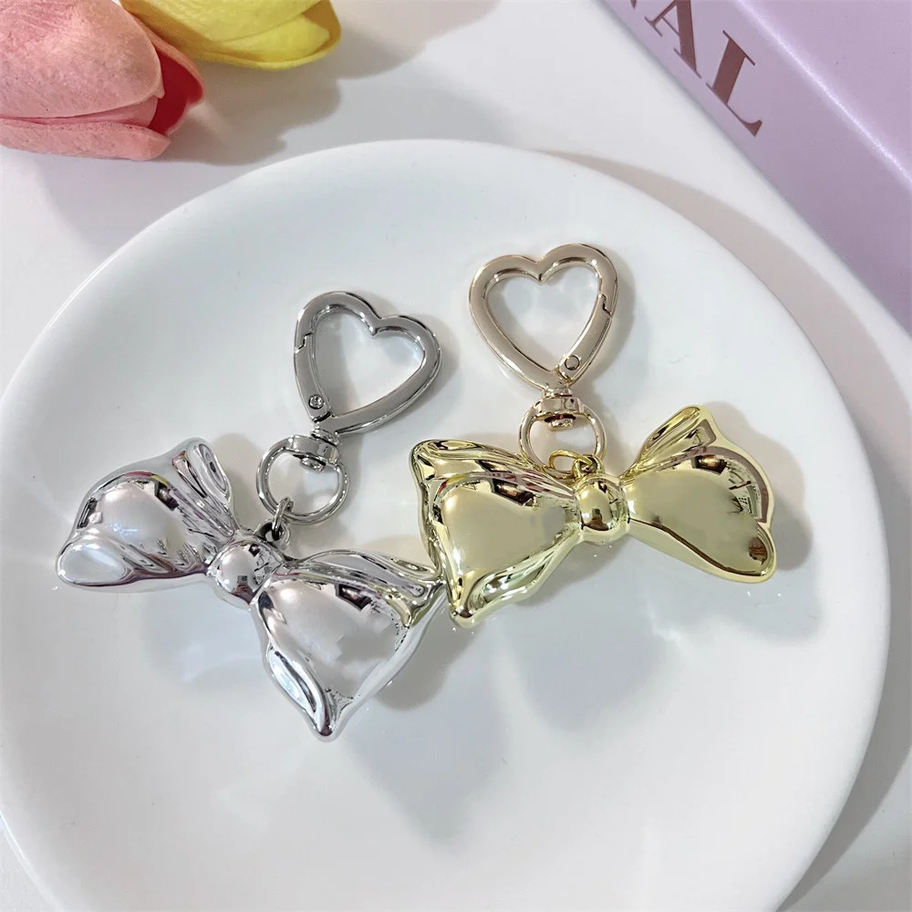 3D Bow Keychain Car Key Pendant Bag Backpack Hanging Decoration Heart-Shaped Metal Ring Electroplating Korean Acrylic Resin