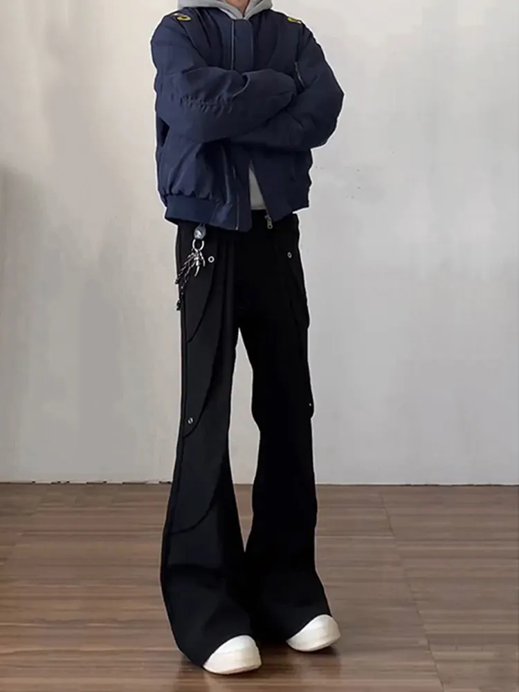 American High Street Cleanfit Black High Waist Men's Pants Unique Design Deconstructed Split Floor-Length Bell Bottoms