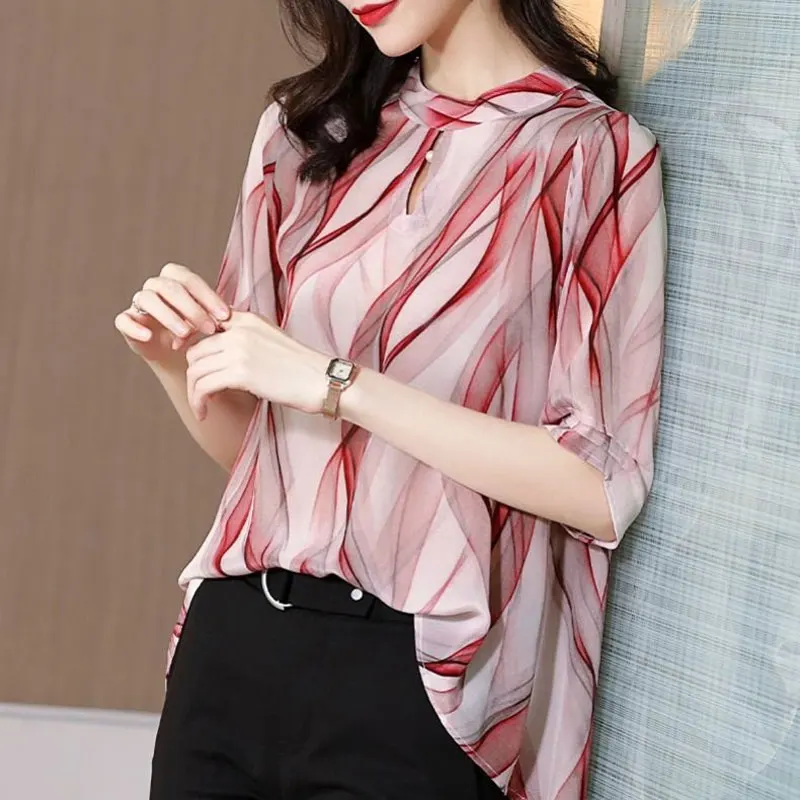 2023 Summer Commute Stand Collar Cut Out Chiffon Blouse Female Clothing Stylish Printed Casual Half Sleeve Loose Patchwork Shirt