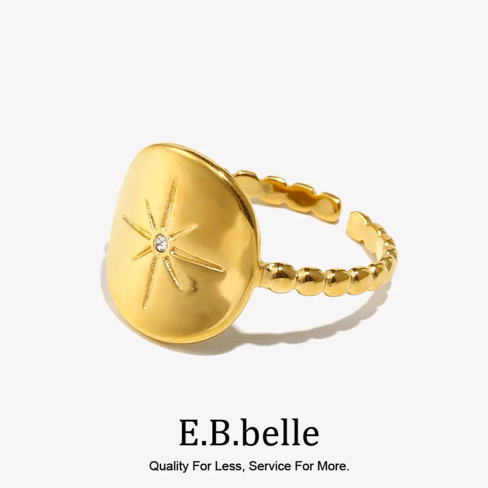 E.B.belle Waterproof Minimalist Stainless Steel Shiny North Star Signet Ring Basic Beads Texture Band Gold Plated Index Ring