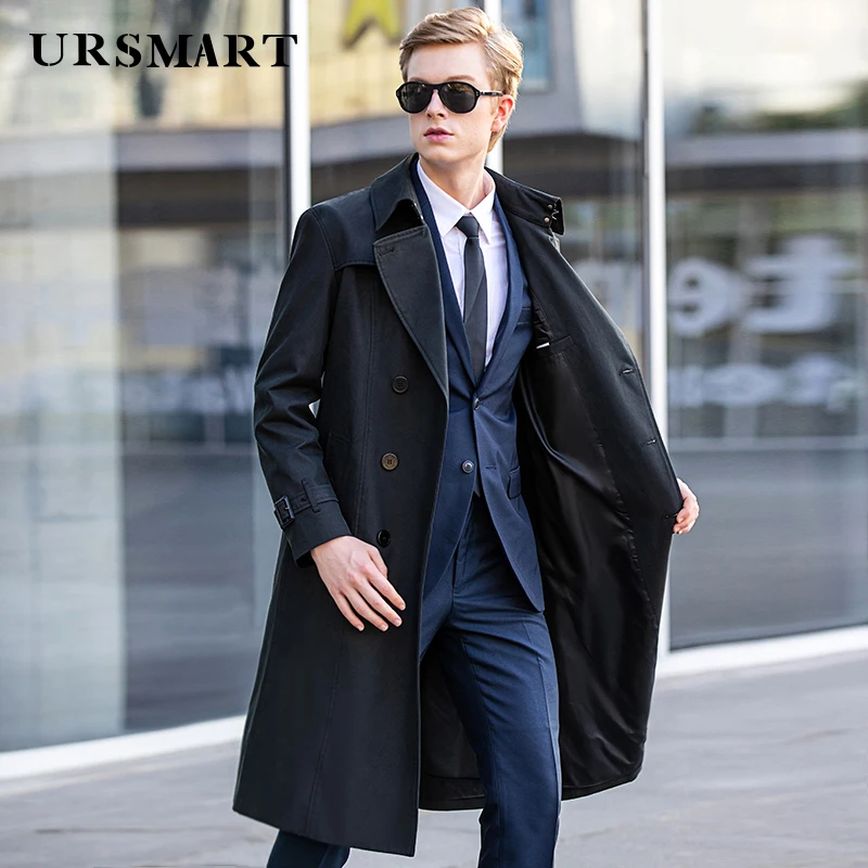 

Extra long knee length trench coat men's double breasted black cotton polyester British fashion custom windbreaker jacket men