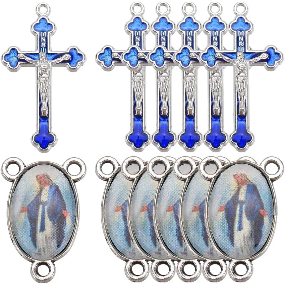 

1 BOX 20Pcs Rosary Charms Cross Charms Bulk Crucifix Antique Silver Blue Enamel Oval Easter Style Charms for making kit
