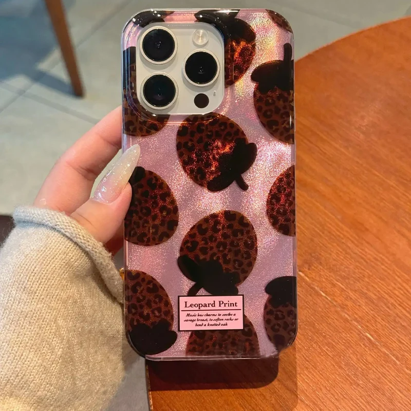 Water ripple glitter brown leopard print strawberry phone case For iPhone 11 12 13 14 15 16 pro max